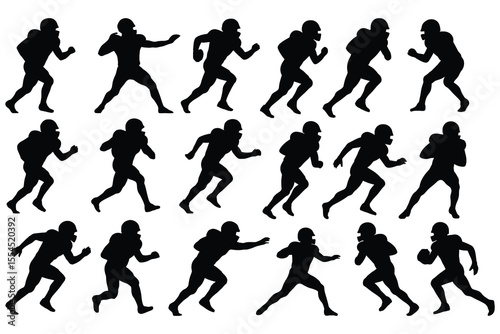 Collection of american football player silhouettes in motion isolated on white background