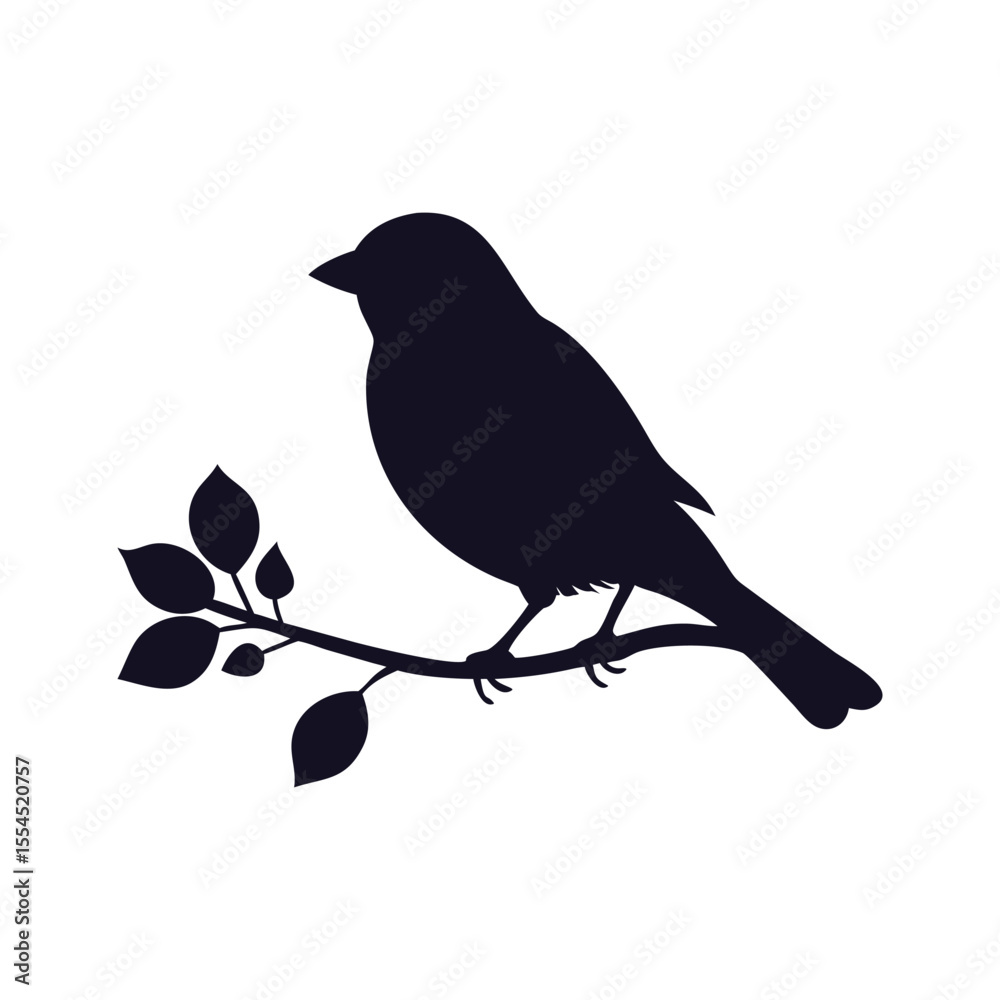 Obraz premium Bird on Leafy Branch Silhouette. Spring Nature Icon.