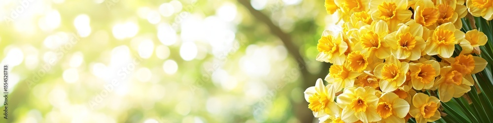Fototapeta premium Blooming yellow Narcissus flowers in a vibrant meadow, heralding the refreshing spring season.