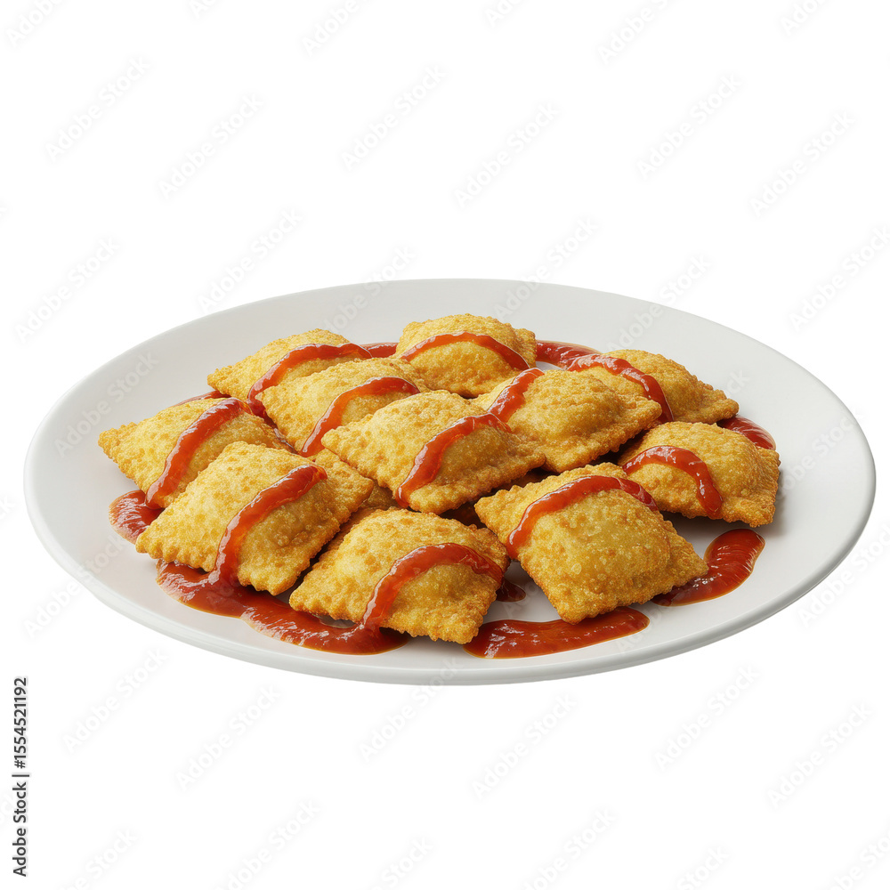 Golden fried ravioli topped with rich marinara sauce on a white plate, appetizing view Golden fried ravioli topped with rich marinara sauce on a white plate, appetizing view