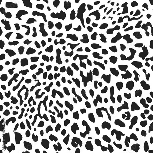 Leopard skin seamless pattern with natural, swirling animal black spots, on a light beige background. Animal classic fur illustration. Cheetah leather endless print design.