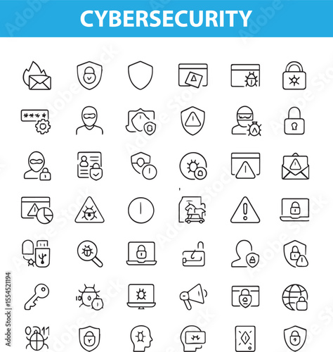 Cybersecurity Line Icons, Shield, Lock, Firewall, Virus Protection, Data Encryption, Password, Secure Cloud, and More ,  Editable Formats: AI, EPS, JPG, PNG , Ideal for Both Digital and Print Use
