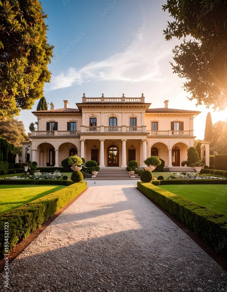 Obraz premium Elegant mansion surrounded by lush garden in dramatic evening light and architectural style