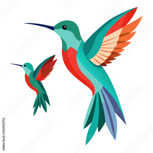 Two stylized hummingbirds in teal red and orange colors flying wings