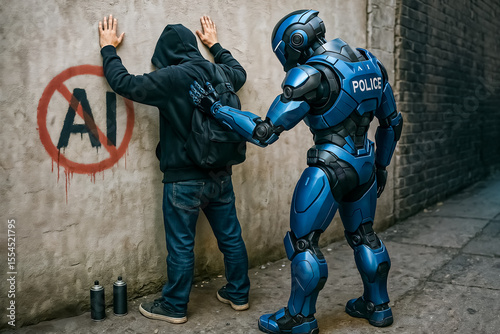 AI governed robot law enforcement arresting vandal near anti-artificial intelligence graffiti. Depicts tech conflict and future law.