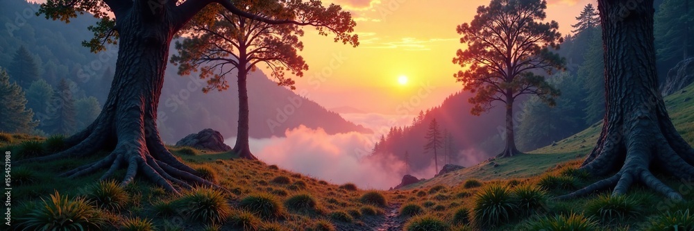 Misty dawn in the forest with twisted tree trunks, trees, mountains, nature Misty dawn in the forest with twisted tree trunks, trees, mountains, nature
