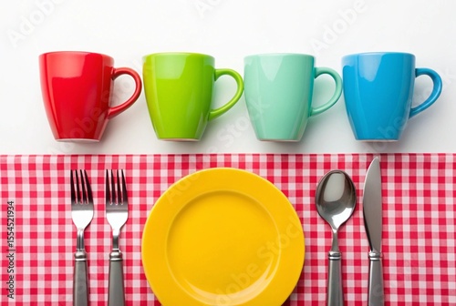 Colorful mugs and yellow plate on red gingham tablecloth setting for a vibrant and cheerful breakfast or brunch table setting with