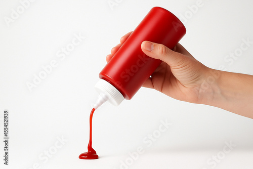 Red squeeze bottle dispensing condiment against white background image
