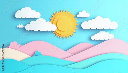 pastel paper art sun and clouds.