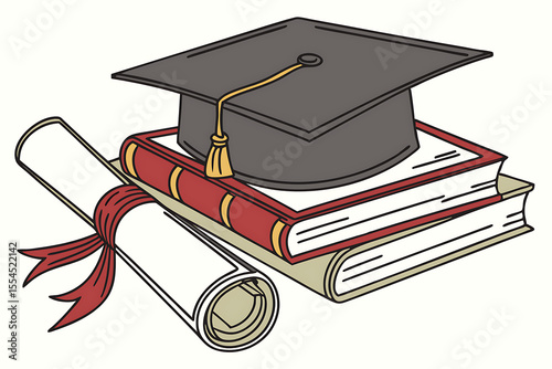 Illustration of graduation cap books and diploma with red ribbon on white background
