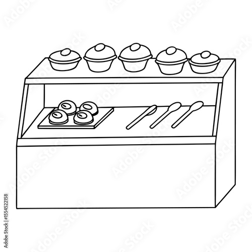bakery counter with cream cakes and serving tongs, for sticker