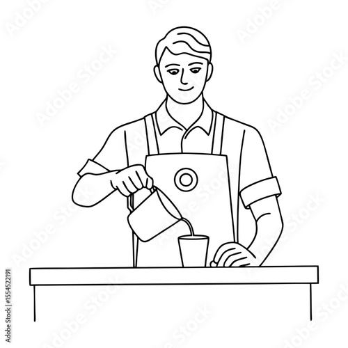 barista behind counter pouring coffee into branded cup, for infographic