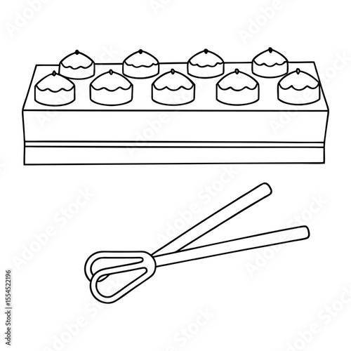 bakery showcase with cupcakes and tongs, for infographic