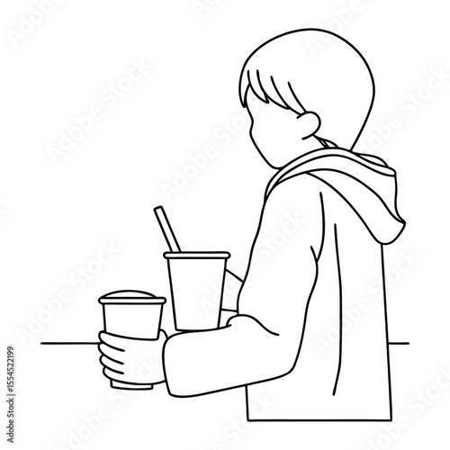 boy in hoodie holding soda cup and waiting in line