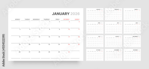 Monthly calendar layout for 2026 year. Diary planner for 2026 year. Week Starts on Monday. 