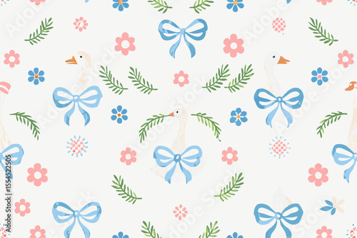 Cute floral seamless pattern with bows, flowers and goose. Preppy spring summer print. Cottagecore aesthetic. Cozy modern background. Vintage damask design for fabric, wallpaper or wrapping paper