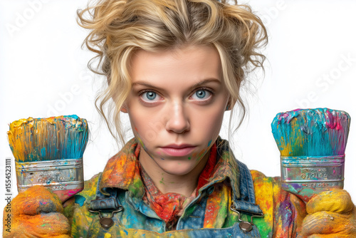 Artist's Creative Spirit: A young, female artist, brushes in hand, covered in vibrant paint, ready to create art