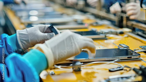 Close-up of smartphone testing process on assembly line in modern electronics manufacturing facility
