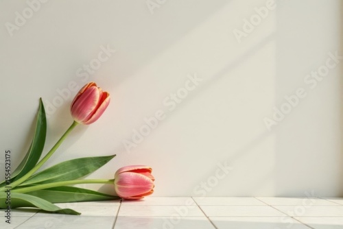 Delicate pink tulips resting on a bright white tiled floor against a sunlit wall