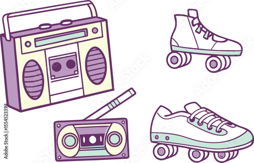 90s Neon Icons Clipart Collection for Retro Projects. Vintage Technology Symbols from the 80s and 90s. Glowing Retro Style Boombox and Cassette Art Set. Old School Roller Skates and Gadgets Design