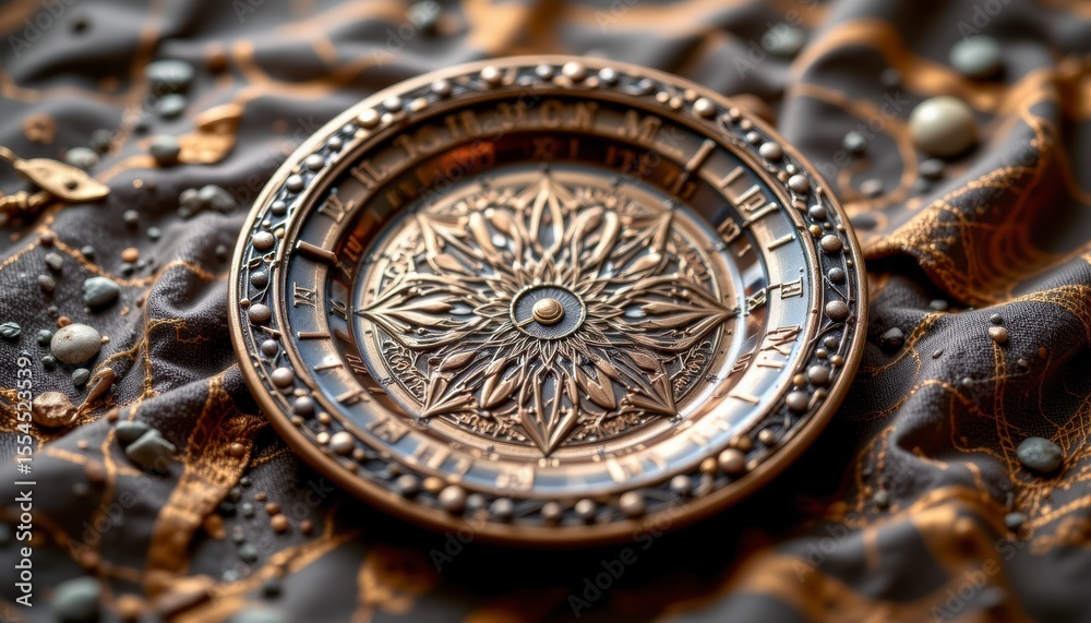 Obraz premium Ornate Bronze Plate with Mandala Design on Dark Fabric