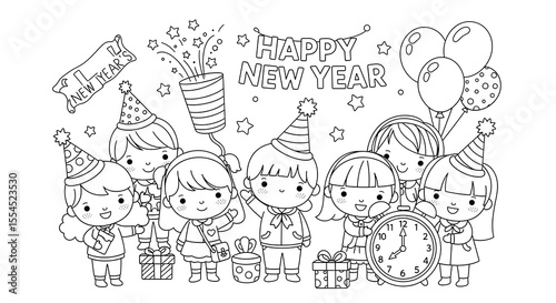 Cute cartoon children celebrating new year s eve with balloons and gifts isolated on transparent background