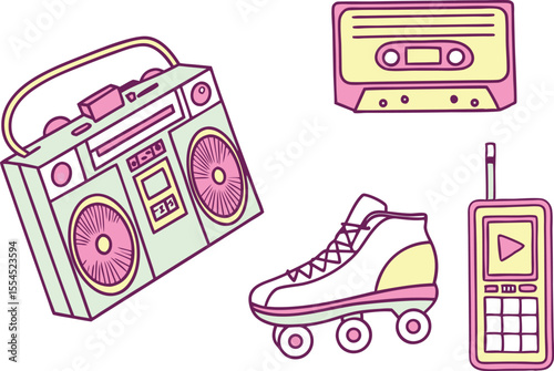 90s Neon Icons Clipart Collection for Retro Projects. Vintage Technology Symbols from the 80s and 90s. Glowing Retro Style Boombox and Cassette Art Set. Old School Roller Skates and Gadgets Design