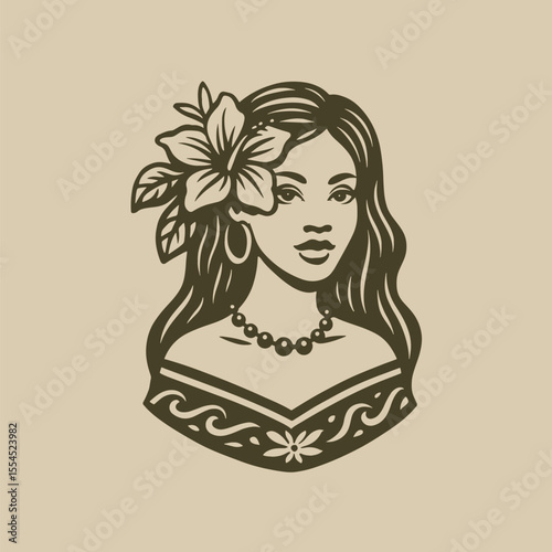 Beautiful young hawaiian woman in ethnic clothing.  Retro vector illustration suitable as a logo, for textile printing or advertising of all kinds.