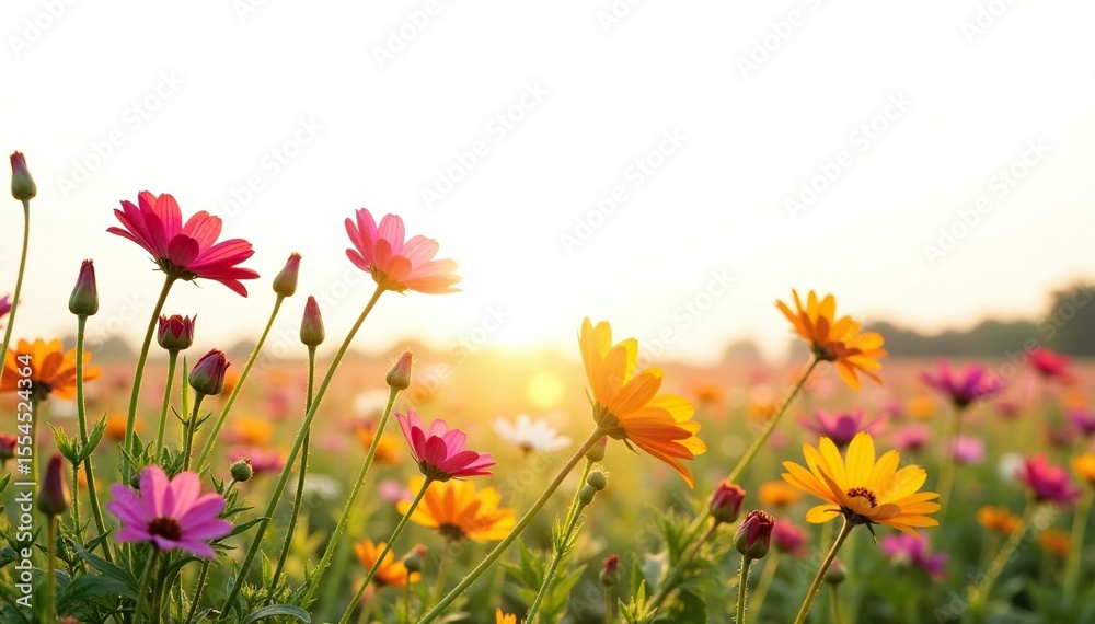 Sun-kissed wildflower field against a bright white background, landscape, blooms, petals Sun-kissed wildflower field against a bright white background, landscape, blooms, petals