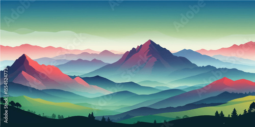 Golden sunrise and fiery sunset paint the mountain landscape with misty fog under a blue sky, revealing the serene beauty of nature's peak view