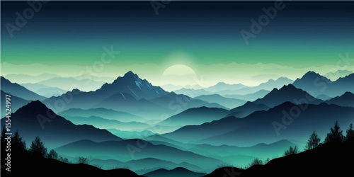 Serene mountain landscape at dawn with a misty blue sky and a beautiful view of the valley