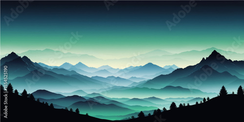 Morning sun illuminates a serene mountain landscape, with mist-kissed valleys and snow-capped peaks under a blue sky, offering a beautiful view