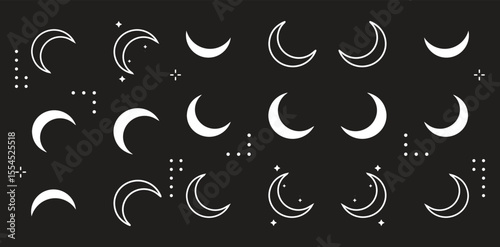 Magic moon set. Vector lunar collection with moons, stars, sunbursts. Graphic elements for astrology, esoteric, tarot, mystic and magic prints, posters, banners, pattern or backgrounds
