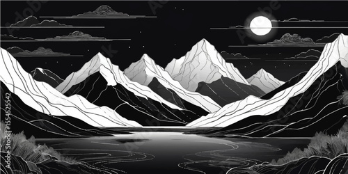 Black and white illustration of a boat on a cold, frozen lake with mountains and glaciers under an Antarctic sky