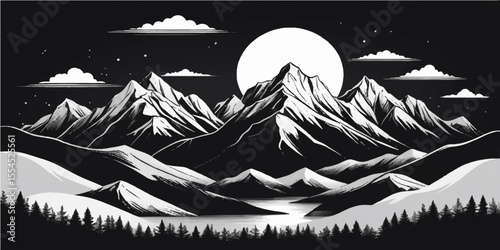 Moonlit winter night landscape featuring a pirate ship sailing towards a snow-covered mountain forest with pine trees under a starry sky, a perfect Christmas illustration