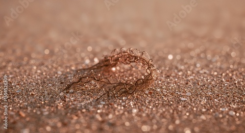 A close up shot of a metal wire structure sitting on a sandy surface with a blurred background view