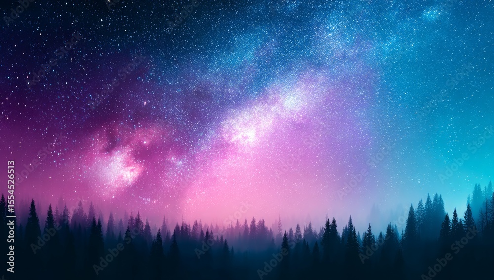 Naklejka premium A dark and dense forest lies beneath a celestial showcase of the milky way, which brings a sense of tranquility to the entire cosmic setting