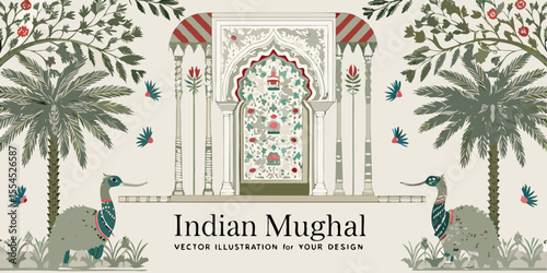 Exotic indian mughal architectural gateway with palm trees birds and stylized creatures in a vibrant garden setting