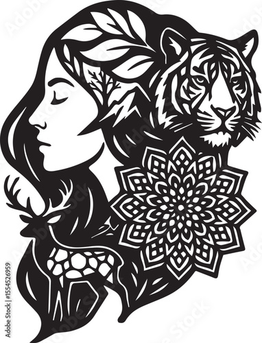 This intricate black and white illustration depicts a serene **Woman**'s profile integrated with elements of nature and wildlife. Her flowing hair intertwines with leaves, mountains, a deer, and the h