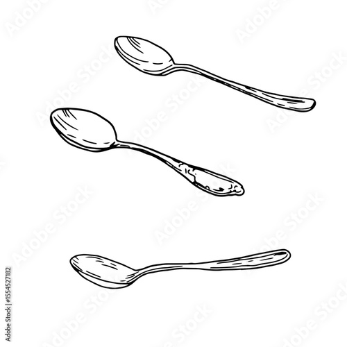 Tea and coffee spoons, black and white ink sketch. Vector illustration. A set for menus and recipes, isolated on a white background. The theme of cooking, cafes, restaurants