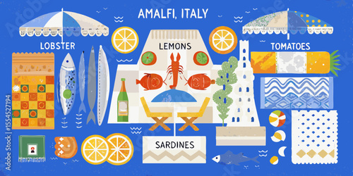 Amalfi coast italy food illustration featuring lobster sardines lemons tomatoes and oranges