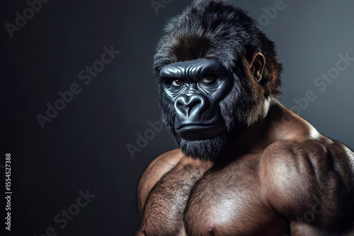 Strong man with gorilla mask and muscular body posing in studio, showing his power and masculinity