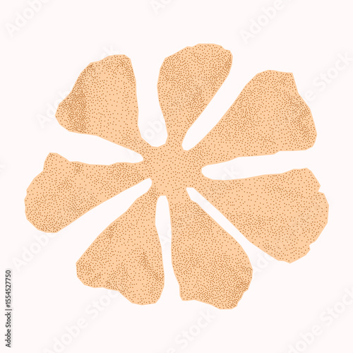 Simple flower silhouette with crumpled paper texture on dark background. Minimalistic pastel sticker cut from notebook page with jagged torn edges, gritty dotted texture, halftone element.