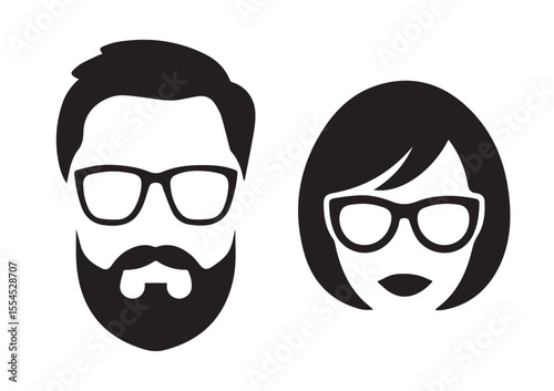 Vector icons of man with beard and woman with bob haircut, both wearing glasses, shown in bold black silhouette minimal style on white background