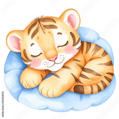 Sleeping Tiger Cub: Adorable watercolor illustration of a tiny tiger cub peacefully sleeping on a soft blue cloud. Sweet dreams!