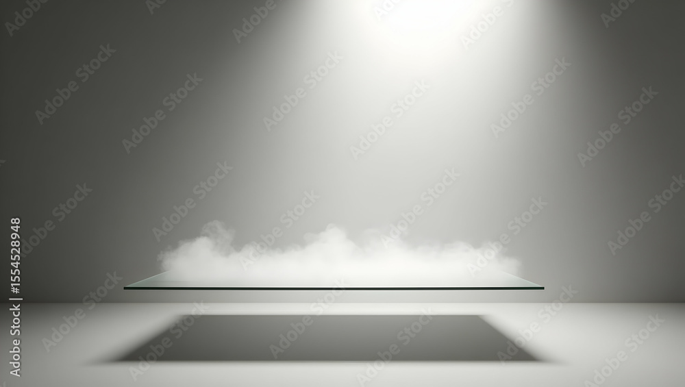 Obraz premium Product Stage Glass platform levitating in soft beam suspended over foggy light ring, (1)