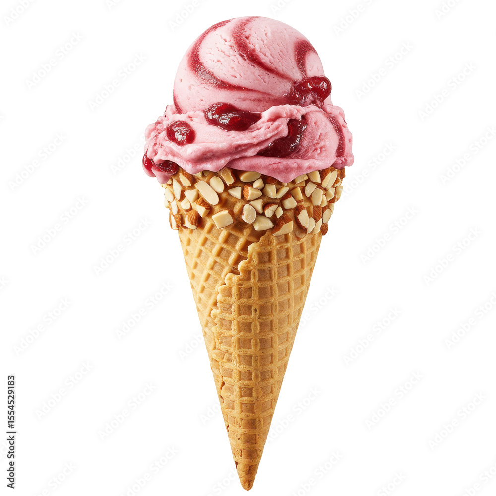 Delicious ice cream cone with pink swirl and nuts, perfect for summer enjoyment Delicious ice cream cone with pink swirl and nuts, perfect for summer enjoyment