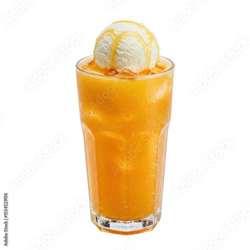 Refreshing orange soda float with ice cream in a clear glass against a white background