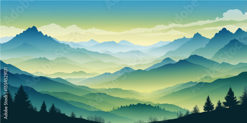 Misty blue mountain peaks at dawn with a serene sky, creating a beautiful and classic view