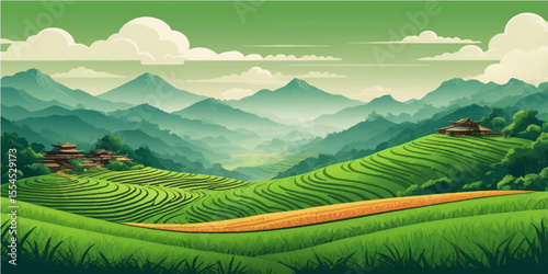 Vast summer landscape with green meadows, rolling hills, and majestic mountains under a blue, cloudy sky